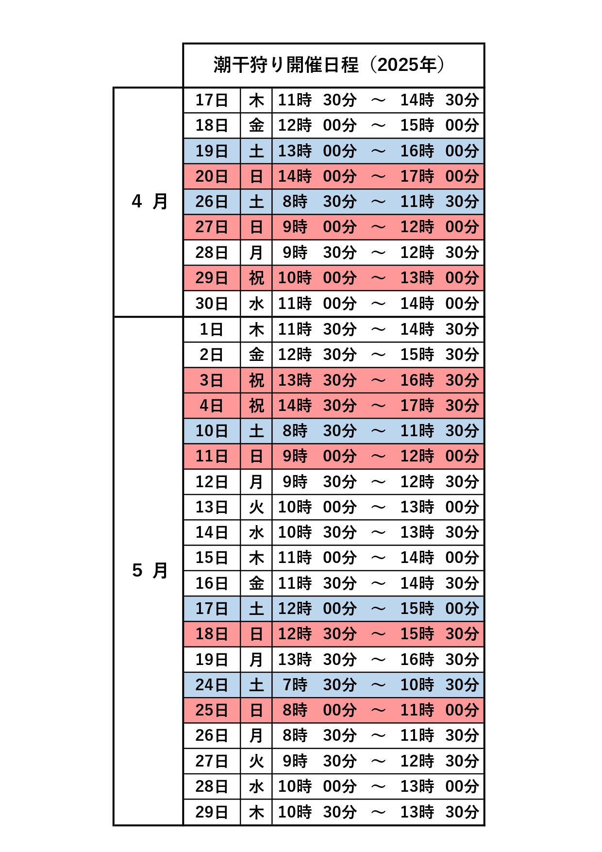 潮干狩り開催日程表(2025年)